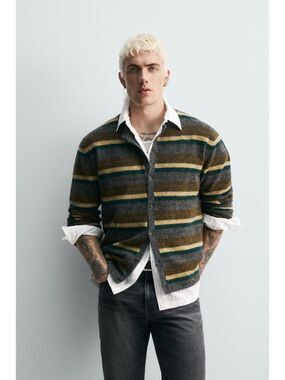 Zara Men Jacquard Striped Cardigan Medium Anthracite Gray Loose-Fit 2142/390 NWT